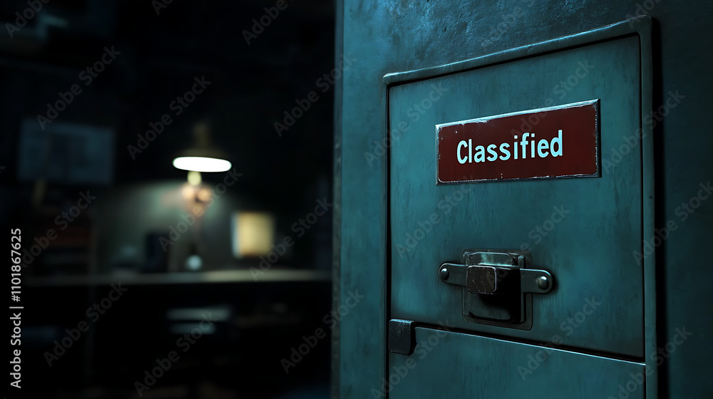 A locked filing cabinet labeled Classified in a dark office4 A locked filing cabinet labeled Classified in a dark office4