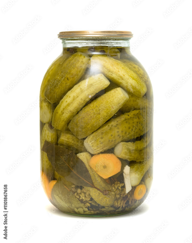 glass jar with pickled cucumbers on white background glass jar with pickled cucumbers on white background