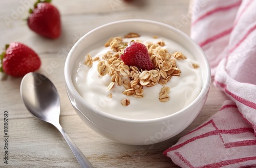 Delicious yogurt bowl with granola and fresh strawberries in a cozy setting