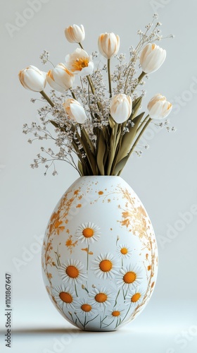 Decorative vase with yellow and white tulips against a neutral background