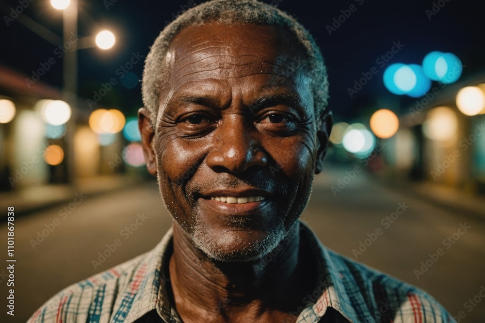 Close portrait of a smiling senior Vanuatuan man looking at the camera, Vanuatuan city outdoors at night blurred background Close portrait of a smiling senior Vanuatuan man looking at the camera, Vanuatuan city outdoors at night blurred background