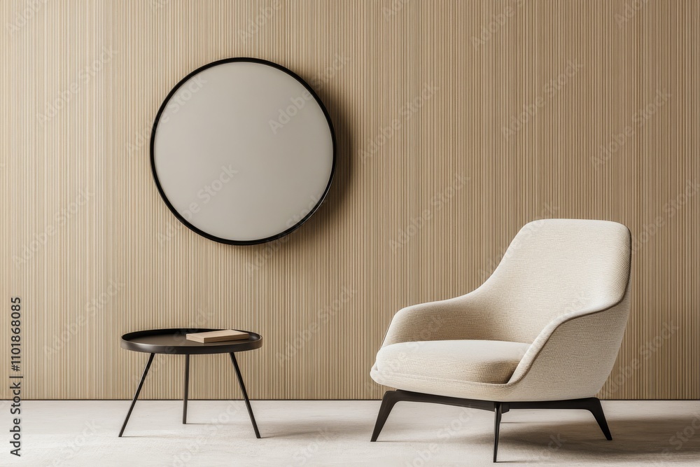 Fototapeta premium Minimalist living room with a round mirror and modern chair in soft color tones