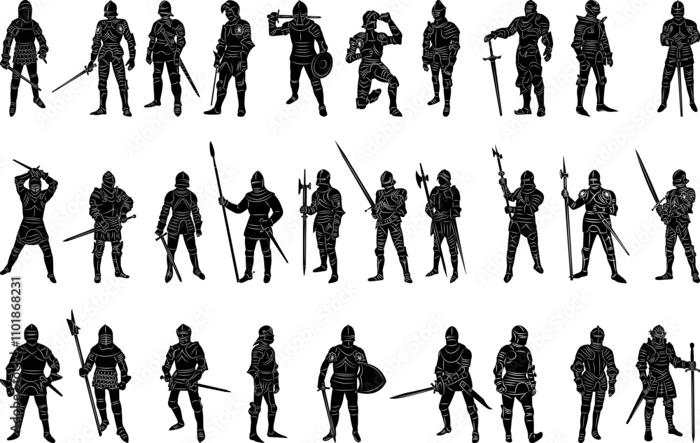 Obraz premium set knights with weapons, silhouette vector collection
