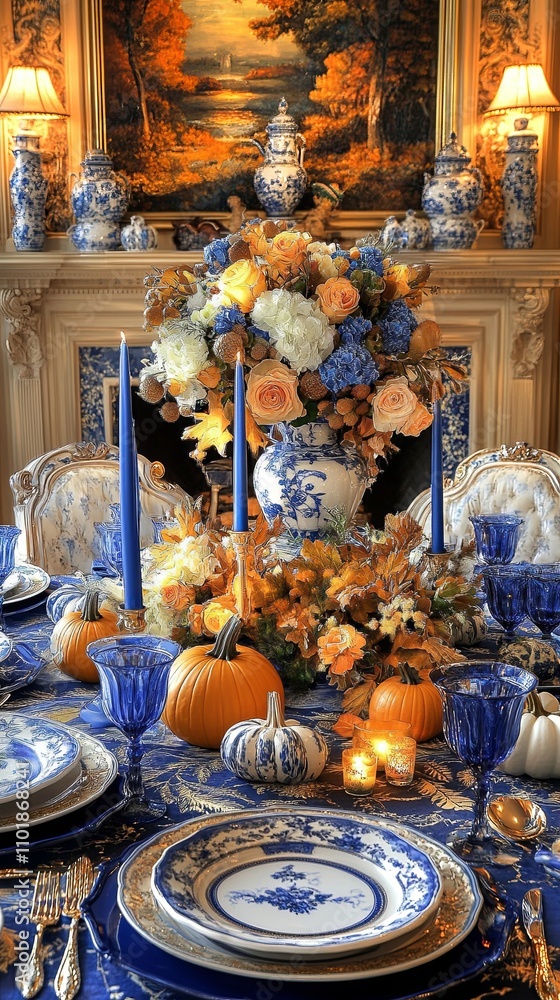 Fototapeta premium festive table setting for halloween, autumn decor, pumpkins and flowers, ceramics and gzhel painting