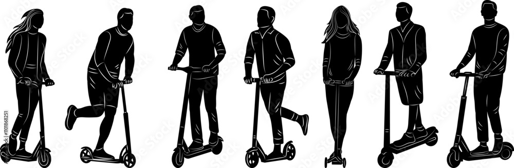set people riding scooter silhouette vector set people riding scooter silhouette vector