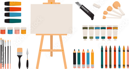 easel, pencils, markers in flat style, vector