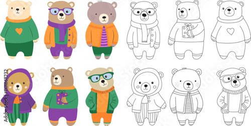 fashion cute bears in clothes in flat style, vector