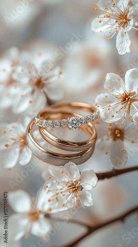 Beautiful wedding rings resting on delicate cherry blossom branches in spring