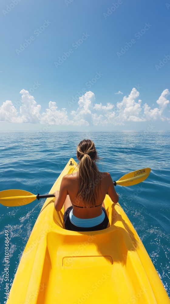Obraz premium Bright yellow canoe floating on clear blue water under a sunny sky in a tropical paradise