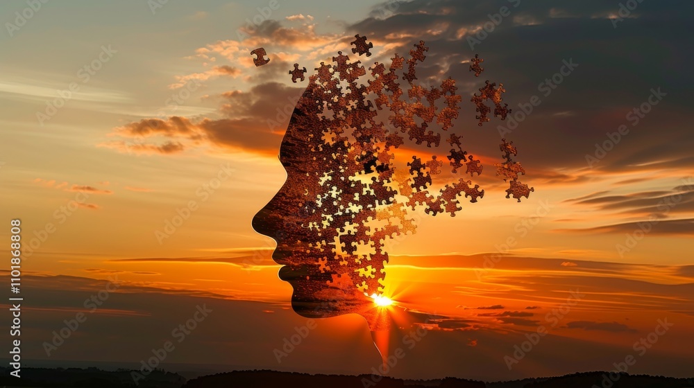 A conceptual art piece showing a silhouette of a human head made of puzzle pieces with fragments missing, set against a warm sunset. The artwork suggests themes of incomplete thoughts or self