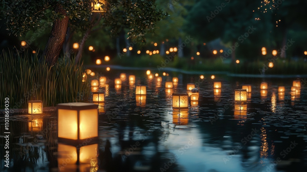 Nighttime serenity aerial view of lanterns in a city park's enchanting atmosphere Nighttime serenity aerial view of lanterns in a city park's enchanting atmosphere