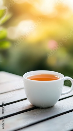 Warm cup of herbal tea on a wooden table with greenery in the background in t...