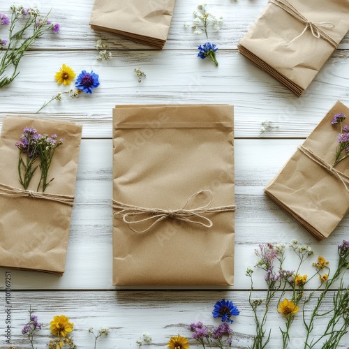 Creative gift wrapping with dried flowers and natural twine on wooden background