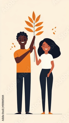 Young couple smiling together in autumn setting with colorful leaves and warm...