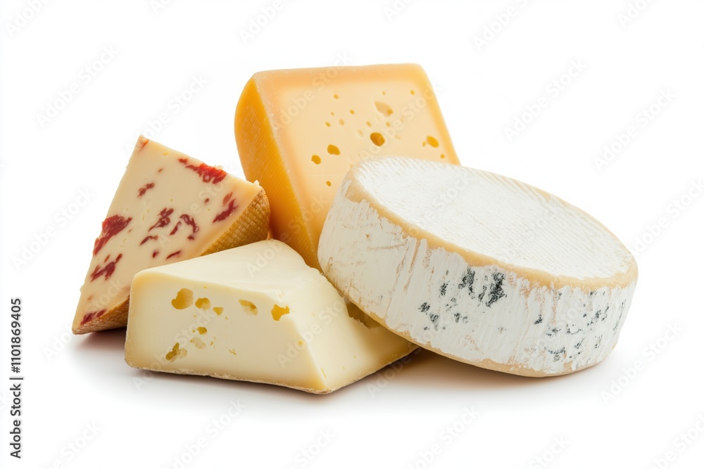 A variety of cheeses are displayed on a white background. The cheeses include a white one, a yellow one, and a blue one A variety of cheeses are displayed on a white background. The cheeses include a white one, a yellow one, and a blue one