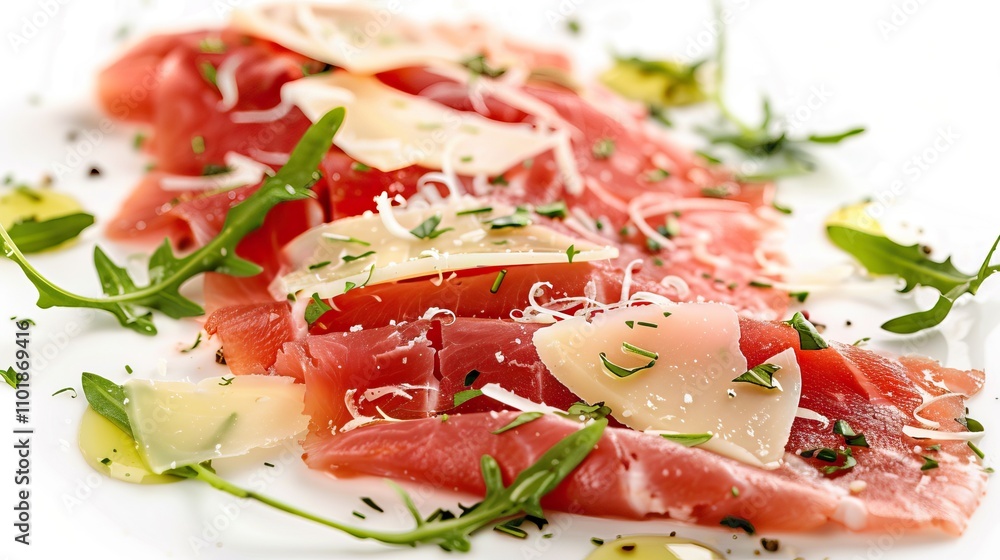 Tuna fish slices with cheese topping on white background, food concept Tuna fish slices with cheese topping on white background, food concept