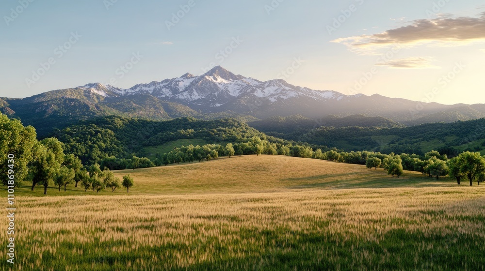 Fototapeta premium Warm hues illuminate the mountain range as evening descends, highlighting snow-capped peaks and golden fields below, showcasing nature's beauty.