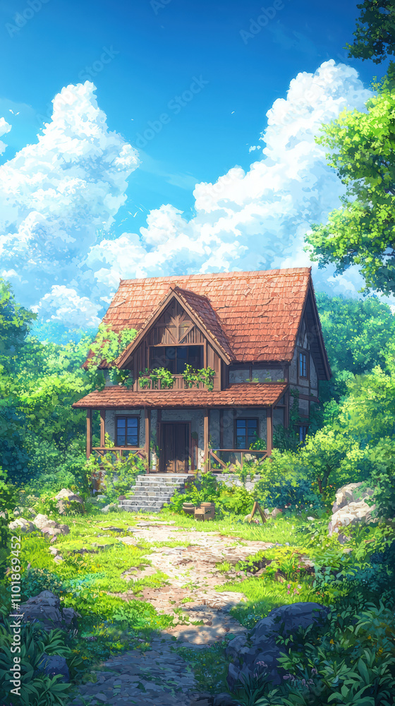 charming wooden house surrounded by lush greenery and vibrant clouds. inviting entrance features stone steps and garden, creating serene atmosphere charming wooden house surrounded by lush greenery and vibrant clouds. inviting entrance features stone steps and garden, creating serene atmosphere