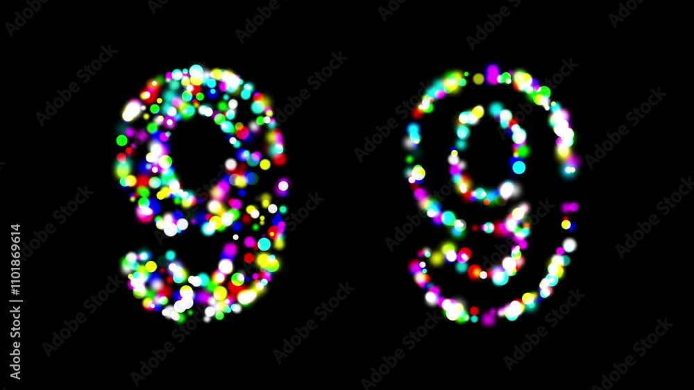 Number 9 with colorful bokeh particles on plain black background Number 9 with colorful bokeh particles on plain black background