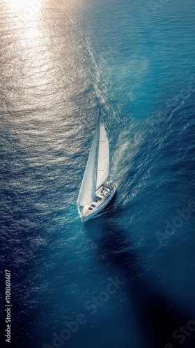 Sailing through azure waters among coastal reefs during a bright sunny day