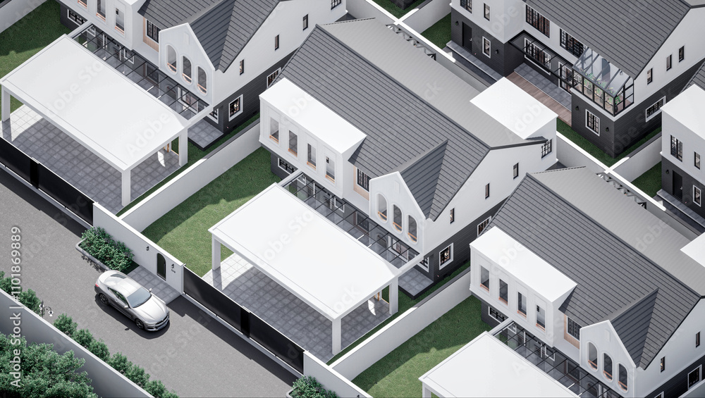 Luxury Housing Project Exterior with Minimalist Design, Small shrubs, Black Classic Streetlights, and Asphalt Road Luxury Housing Project Exterior with Minimalist Design, Small shrubs, Black Classic Streetlights, and Asphalt Road
