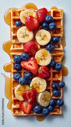 Delicious waffles topped with fresh fruit and syrup on a light background