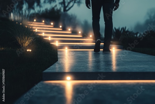 Soft lights illuminate urban stairs during evening hours in a serene setting