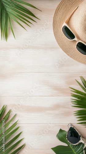 Tropical summer flat lay with hat and sunglasses surrounded by green leaves