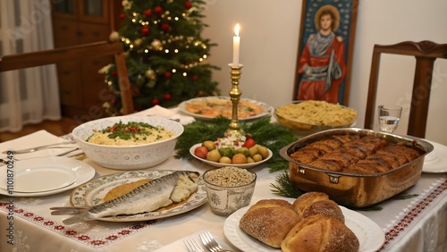 Orthodox Christmas table beautifully set with traditional dishes, festive holiday decor, cultural heritage, spiritual celebration, seasonal joy, Christmas feast, family traditions, holiday warmth photo