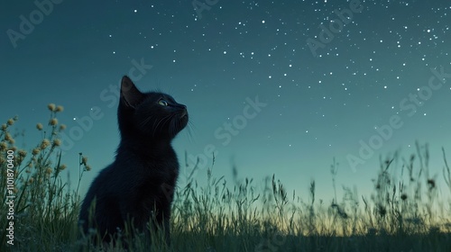 High-angle view of a black kitten sitting in tall grass under a clear, starlit sky, blending curiosity and serenity.