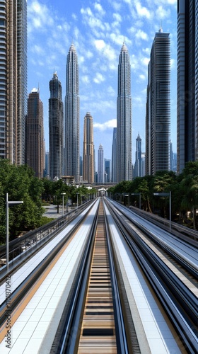 A stunning view features a massive bridge supported by tall, slender pillars, overlooking a vibrant city skyline full of futuristic architecture