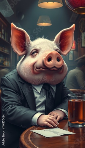 Conceptual image with a pig dressed in human clothes as a drunk and sleepy employee at a bar table photo