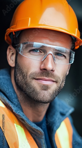 Construction worker wearing safety gear poses confidently at a job site durin...