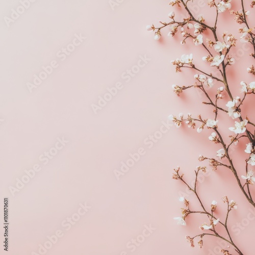 Decorative pink background with white eggs and blooming branches for spring c...