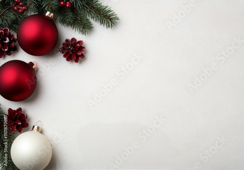 Festive holiday decorations with red and gold ornaments and evergreen branches