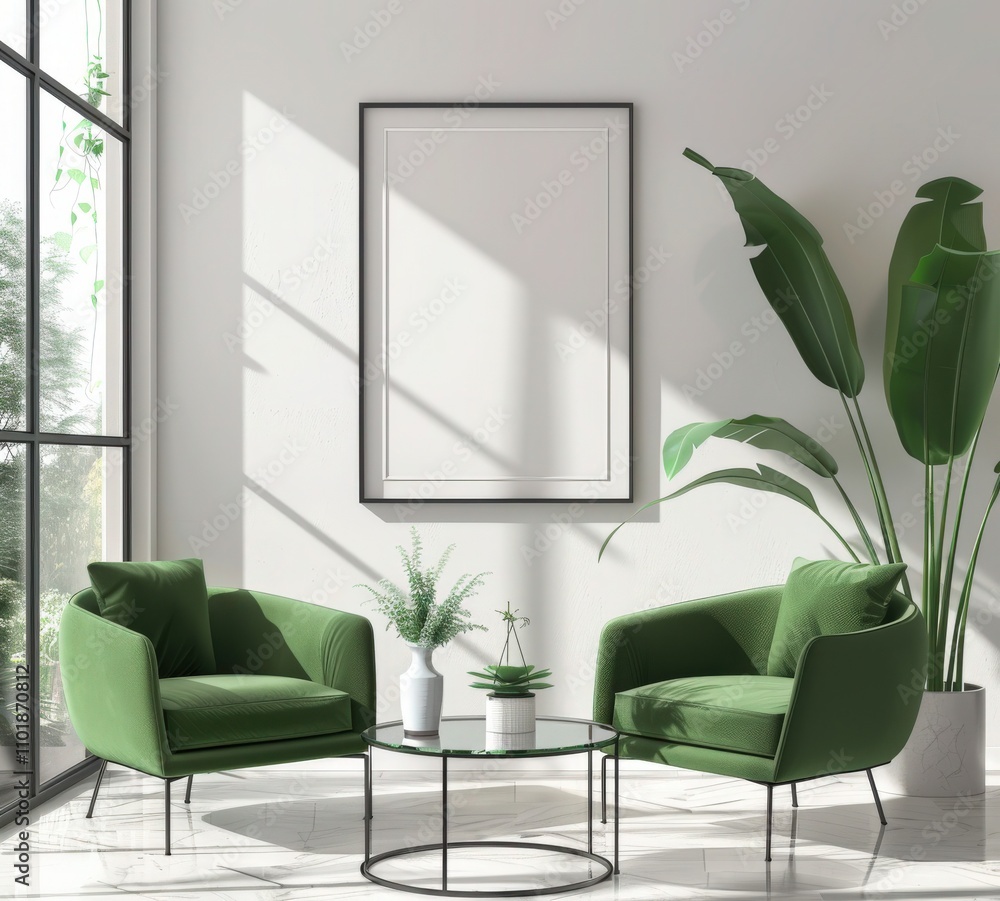Two green armchairs with a coffee table and a blank poster frame in a modern living room Two green armchairs with a coffee table and a blank poster frame in a modern living room