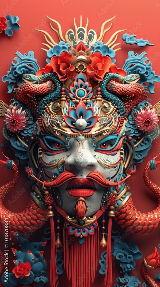 Ornate Chinese Festival Mask with Mythical Dragon Headdress and Vibrant Colors Intricate and elaborate ceremonial mask design featuring a fantastical dragon inspired headdress in a rich Ornate Chinese Festival Mask with Mythical Dragon Headdress and Vibrant Colors Intricate and elaborate ceremonial mask design featuring a fantastical dragon inspired headdress in a rich