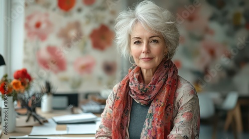 Elegant Woman with Silver Hair in a Floral-Inspired Artists Workspace photo