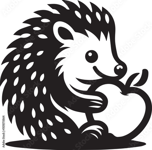A hedgehog happily munching on an apple vector silhouette