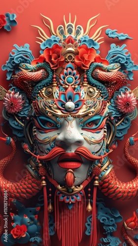 Ornate Chinese Festival Mask with Mythical Dragon Headdress and Vibrant Colors Intricate and elaborate ceremonial mask design featuring a fantastical dragon inspired headdress in a rich