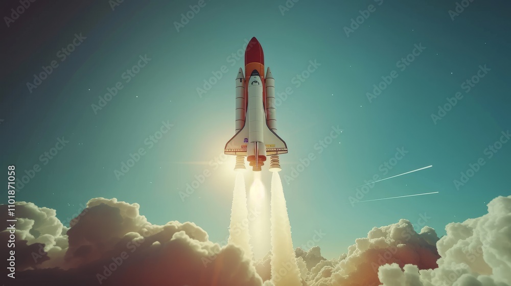 Obraz premium A space shuttle ascends into the sky, leaving behind a trail of smoke and fire. The warm glow of the sunrise complements the dramatic cloudscape, capturing the power and ambition of space exploration.