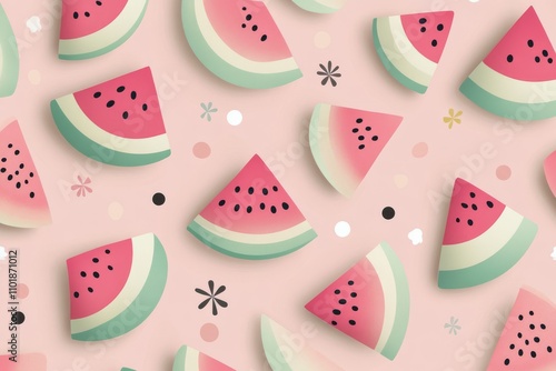 Colorful paper decorations featuring watermelon shapes in a playful arrangeme...