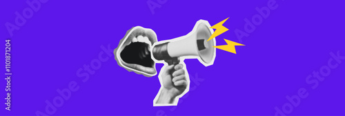 Pop art modern collage with screaming mouth and bullhorn. Halftone newspaper elements. Advertising banner with megaphone and copy space. Announcement banner of news, sales. Loudspeaker announces
