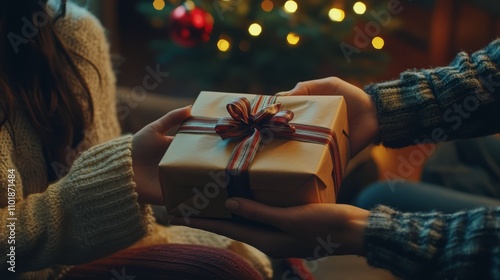 Holiday gift being held by a person near a beautifully decorated Christmas tree