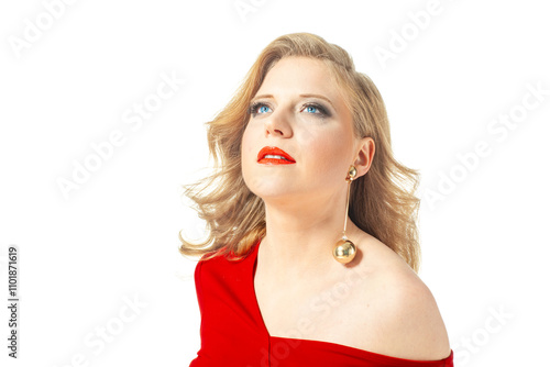 Glamorous Woman in Red Dress Isolated on White Background