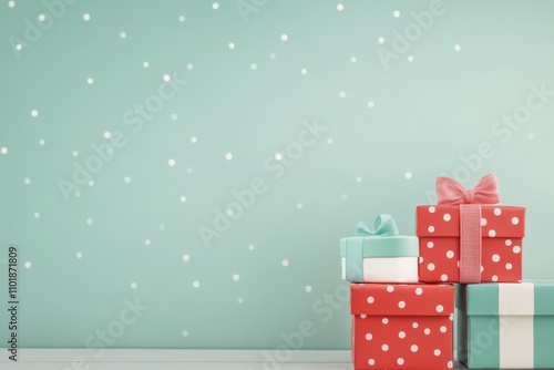 Colorful gift boxes arranged with a decorative bow against a polka dot backgr...