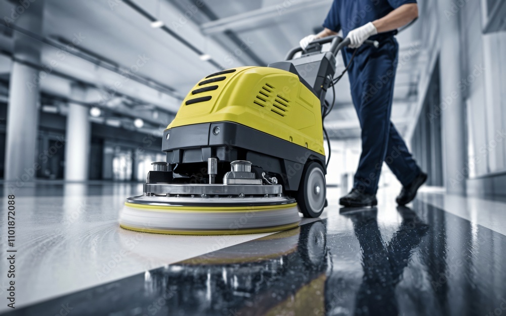a floor polisher in action. The yellow housing and rotating pad are clearly visible. A person in dark clothing and white gloves is operating the machine on a highly polished floor in a modern building a floor polisher in action. The yellow housing and rotating pad are clearly visible. A person in dark clothing and white gloves is operating the machine on a highly polished floor in a modern building