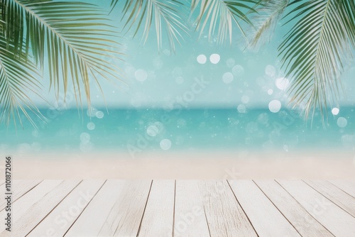 Tropical beach view with wooden deck and palm leaves under a clear blue sky a...