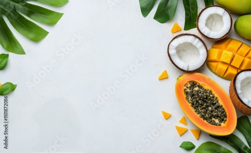Fresh tropical fruits arranged on a white surface with green leaves