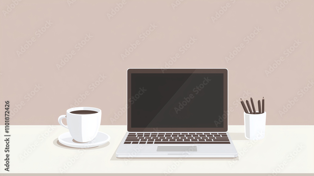 clean, neutral background featuring tidy desk with laptop, coffee cup, and pens creates serene workspace atmosphere clean, neutral background featuring tidy desk with laptop, coffee cup, and pens creates serene workspace atmosphere